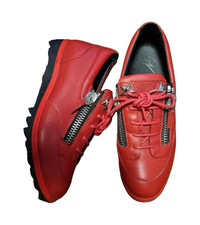 Women Giuseppe Zanotti Red/Black Leather Low-Top Lace-Up Sneakers w/ Side Zipper