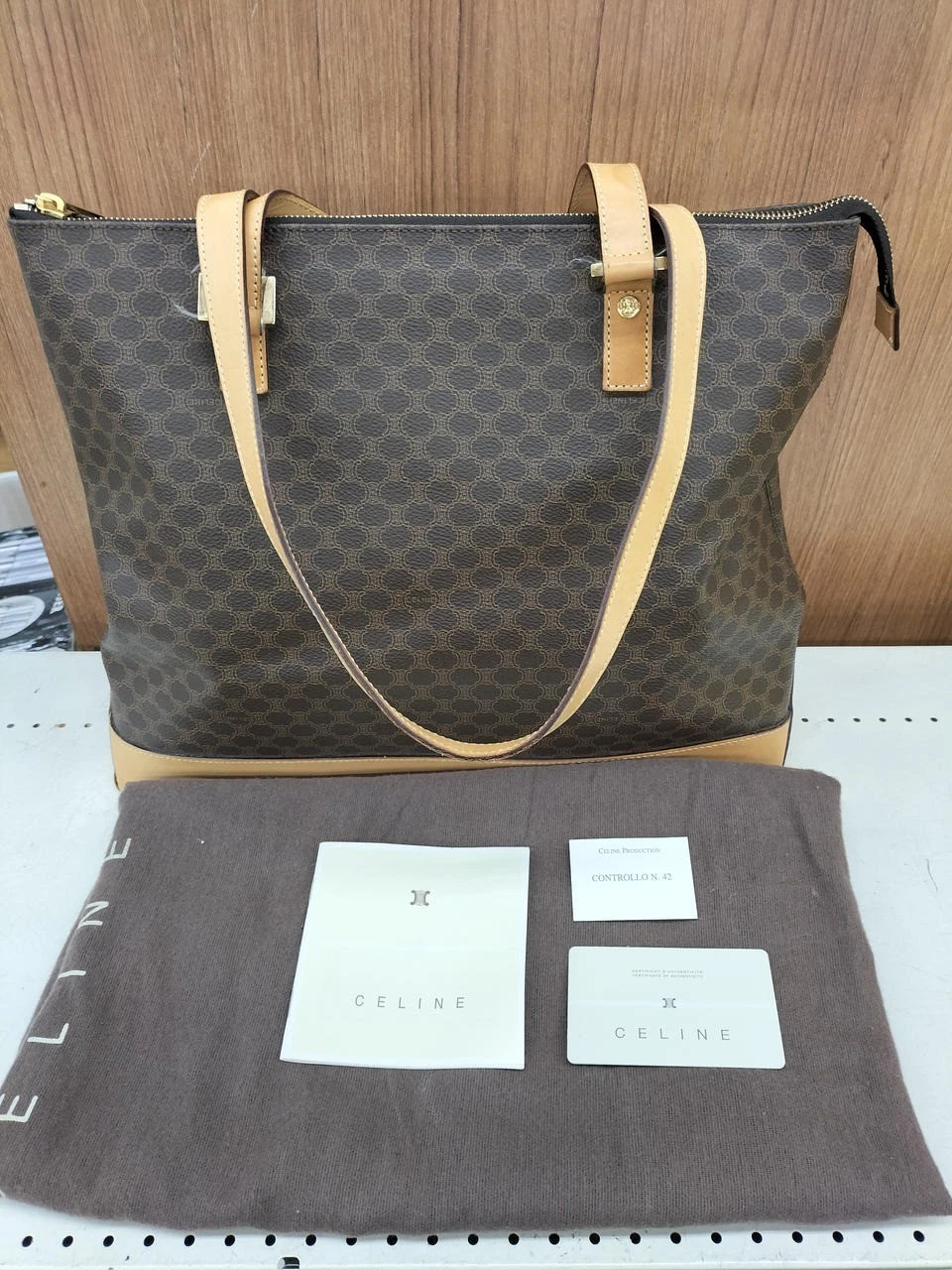 Celine — CELINE macadam Authentic Tote Bag Shoulder Bag Brown Logo Women's w/ Dust bag