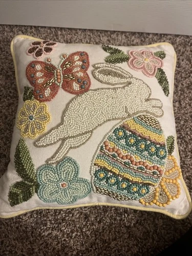 Vtg Pier 1 Beaded Easter Rabbit Throw Pillow 12”, Bunny Eggs Butterfly Flowers