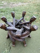 VINTAGE  African Unity Circle Sculpture 7  head Ghana Carved wood art décor