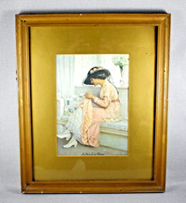 ANTIQUE A STITCH IN TIME FABRIC WOVEN PICTURE THOMAS FORMAN NOTTINGHAM c1900