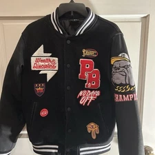 Point Blank Varsity Jacket Men’s Small Black Embroidered  Patchwork Streetwear