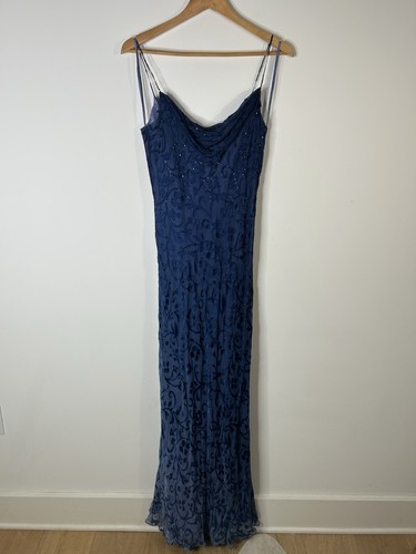Y2K Dave & Johnny Dress Women’s 13/14 Blue Floral Burn Out Silk Maxi Gown