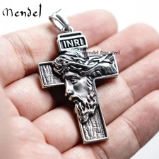MENDEL Mens Stainless Steel Jesus Christ Face Crucifix Cross Pendant Necklace