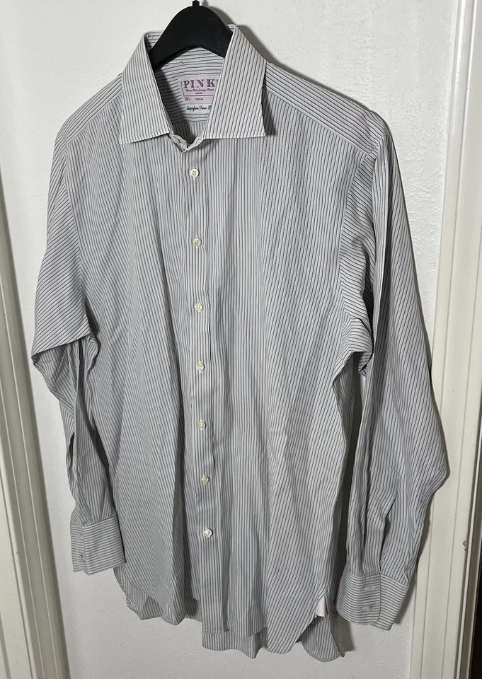 Thomas Pink Cotton Dress Shirt Mens 16.5-36 Striped Made in Ireland Barrel Cuffs - Image 2 of 4