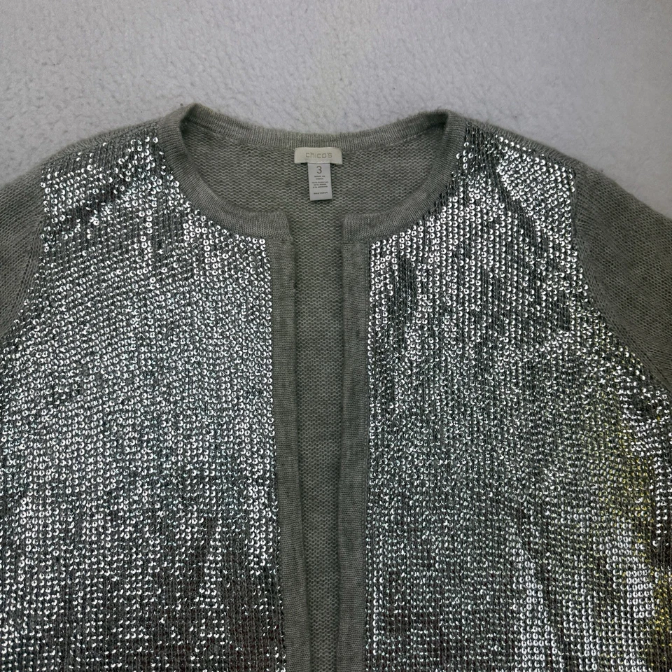 Chicos Cárdigan Mujer 3 XL Gris Plata Lentejuelas Frente Abierto Suéter Manga Larga Foto 3 de 4