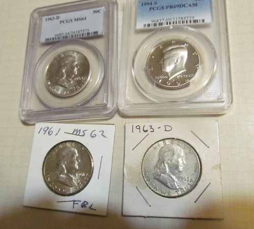 1963D PCGS FRANKLIN, 1961 UN, 1963D AU W/FREE1994S PROOF AS SHOWN 4 HALF DOLLARS
