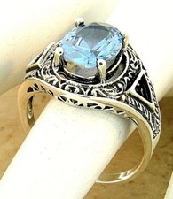 ANTIQUE STYLE 925 SOLID STERLING SILVER 3 CT SIMULATED AQUAMARINE RING   1105