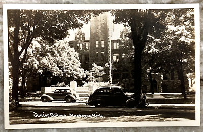 #ad #ad Junior College Muskegon Michigan 1940#x27;s Cars EKC Postcard RPPC A912 $19.95