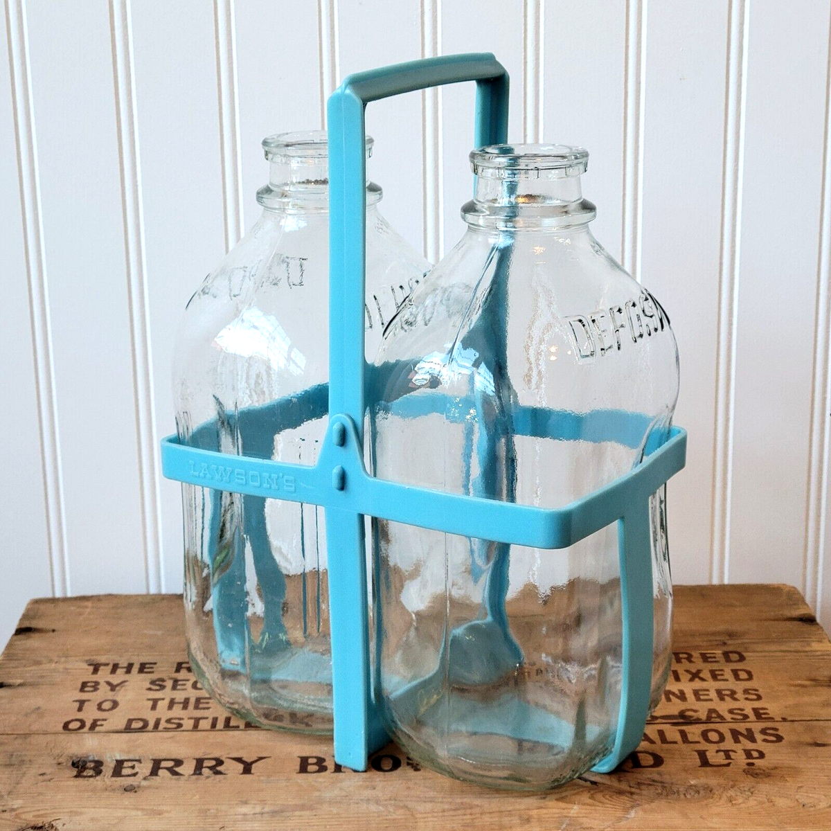 Vtg Lawson's Half Gallon Glass Milk Jugs with Carrier Handle
