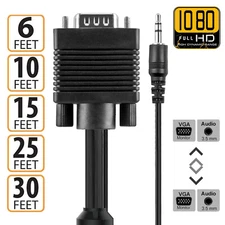 1/2Pack VGA Cable + 3.5mm Audio 15 FT SVGA Male to Male Monitor PC Cord with Aux