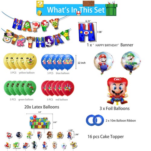 42x Cartoon Super Mario Birthday Party Supplies Banner Cupcake Toppers Balloons - Picture 3 of 8