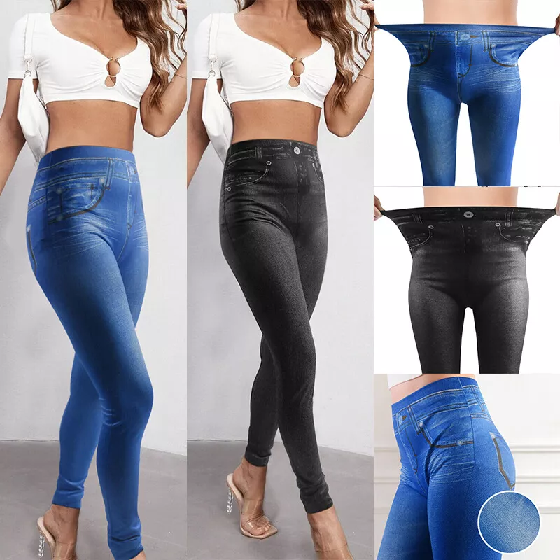 Stretchy Denim Jeggings for Women Hi-Waist Control Tights Fake Pocket Slim  Jeans