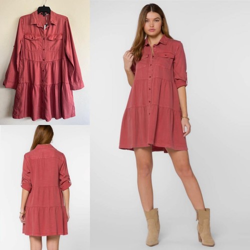 VELVET HEART Babydoll Western Chic Shirt Dress S M? Red Clay 100% Tencel $98