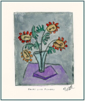 FLOWERS LIKE FACES IN A VASE. STILL LIFE. Original WATERCOLOR ETCHING Signed