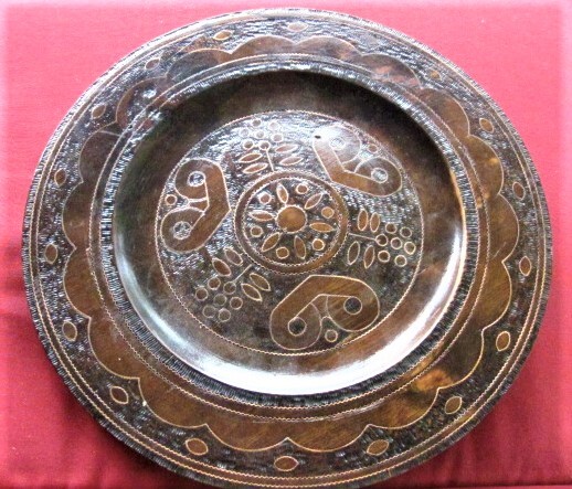 - Handcrafted Polish Folk Art Copper Inlay Wood Plate 12.5 Inch