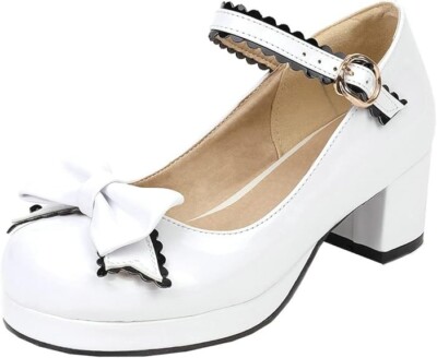 Gr38 Lack Mary Jane Blockabsatz Pumps mit Plateau Riemchen Schleife Geschlossen