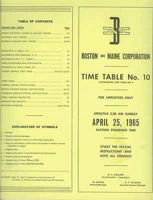 BOSTON & MAINE CORPORATION ETT TIMETABLE SYSTEM #10  APRIL 25, 1965  52 PAGES.