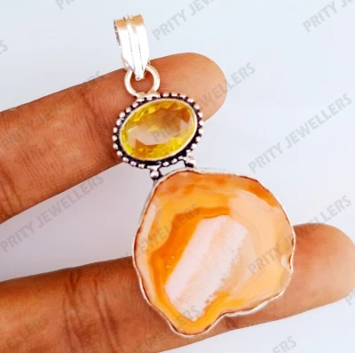 Agate With Topaz Gemstone 925 Sterling Silver Plated Handmade Pendant Jewelry 2" - Image 1 of 4