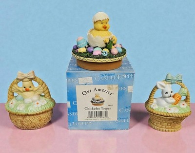 Our America Candle Jar Topper Chick with Bunny and 2 Chick Trinket Boxes 3 Pcs