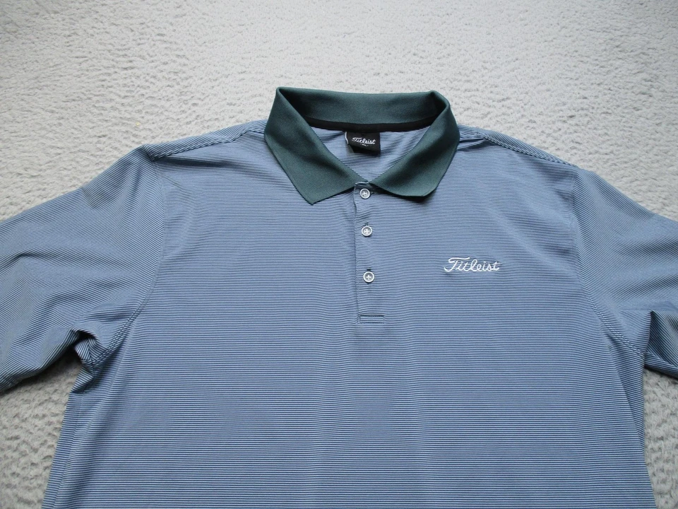 Camisa Polo Titleist Para Hombres XL Azul Micro Rayas Cuello Verde Golf Script Logo Foto 2 de 4