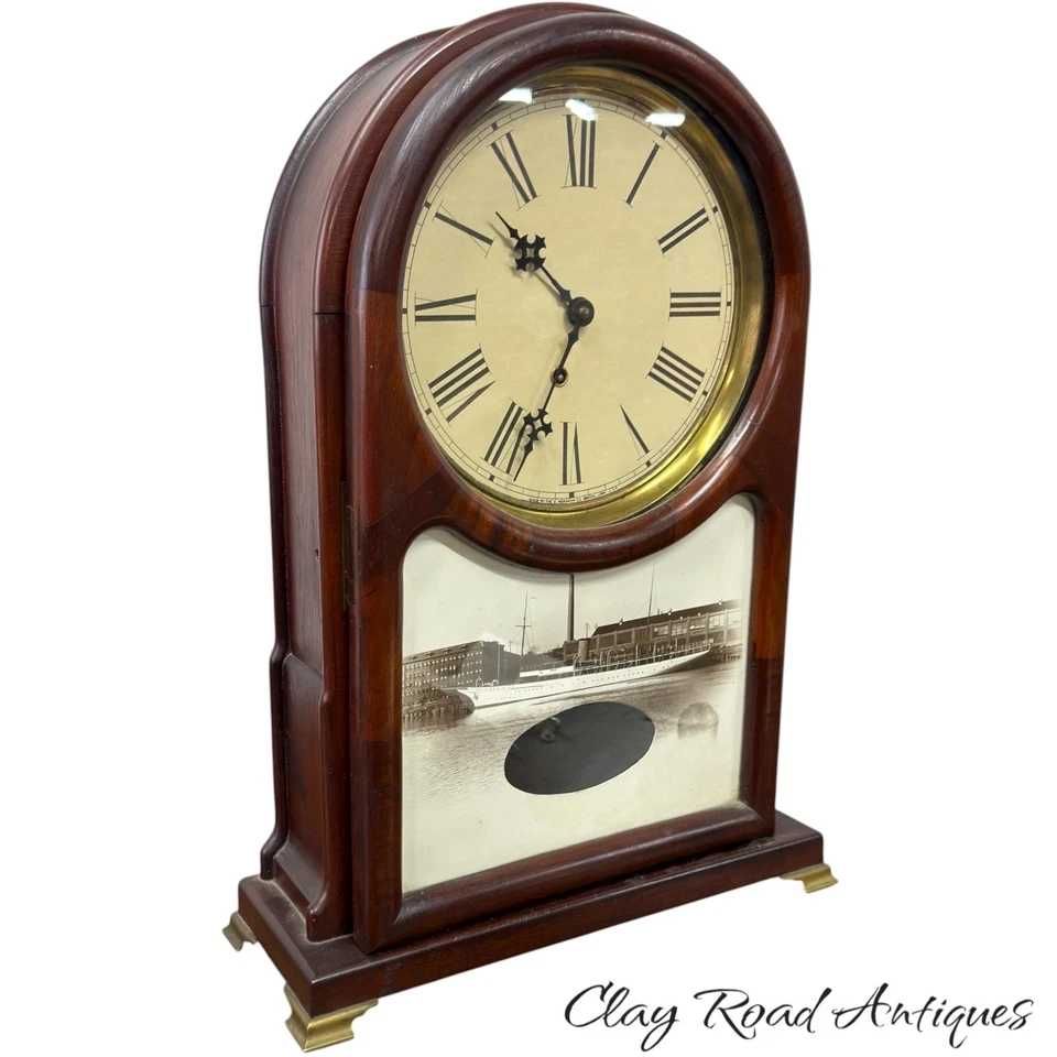 Antiguo reloj de estante Ingraham caoba reloj náutico máquina de vapor yate funcionando Foto 3 de 4