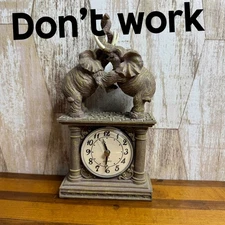 Vintage Elephant Clock Statue Table Desk Decor Quartz "Don't Work"