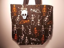 Halloween Skeletons Black White  Orange Cotton Reusable Tote Carryall Bag