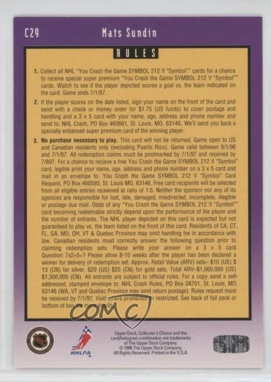 1996-97 Collector's Choice You Crash the Game Mats Sundin (vs Buffalo) #C29 HOF - Image 2 of 2