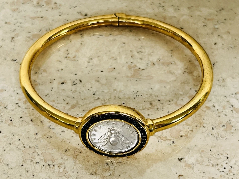 Brazalete Brazalete Bellezza Italia Amarillo Bronce Abeja 2 Liras Moneda Ónix Negro Foto 2 de 4