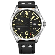 Stuhrling 3916 1 Aviator Day Date Black Leather Strap Mens Watch