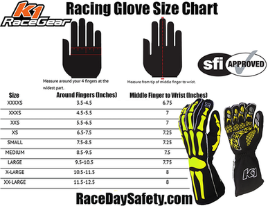 K1 RaceGear Skeleton Nomex Racing Gloves SFI 3.3/5 Black/Flo
