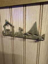 Vintage Brass Wall Mount Key Holder Sail Boat And Dock 6 Hooks Nautical MCM