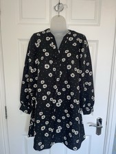 Papaya Black Daisy Floral Smock Dress UK 8 Long Sleeve Mini NWT