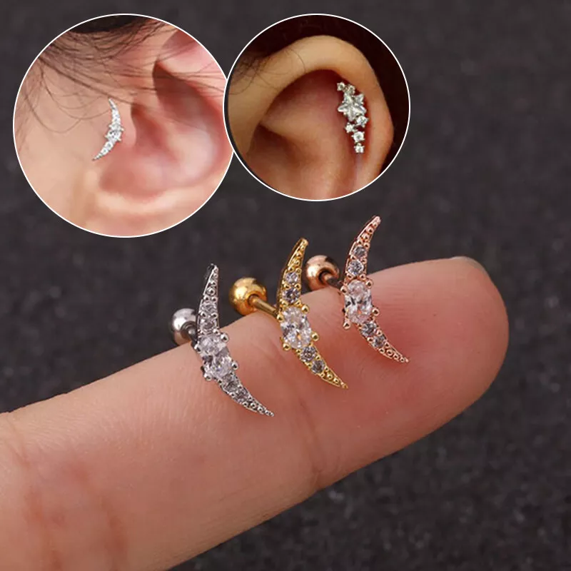 Womens Moon Star Crystal Rhinestone Stud Earring Piercing Tragus Conch  Earrings