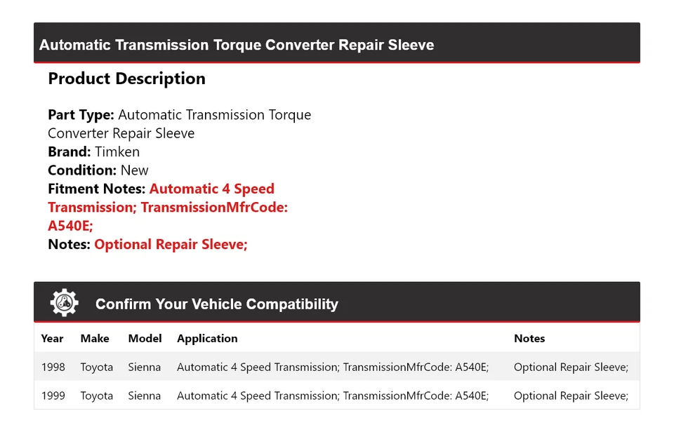 Para Toyota Sienna 1998-1999 transmisión automática convertidor de par manguito de reparación Timken Foto 2 de 4