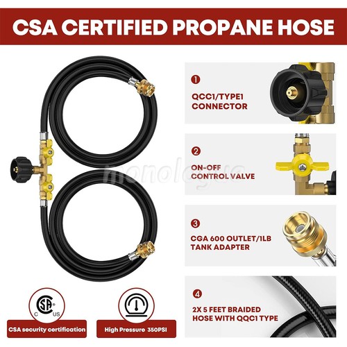 Tubo adattatore splitter propano 2 vie Y 5 piedi, convertitore 1 libbra-20 libbre con valvola di spegnimento - Foto 2 di 32
