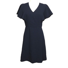 Loft Navy Textured Fit And Flare Fringed Flutter Sleeve Dress Size 6