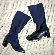 NWOT H by Halston Navy Blue Leather & Lycra Chunky Mid-Heel Boots, Size 6