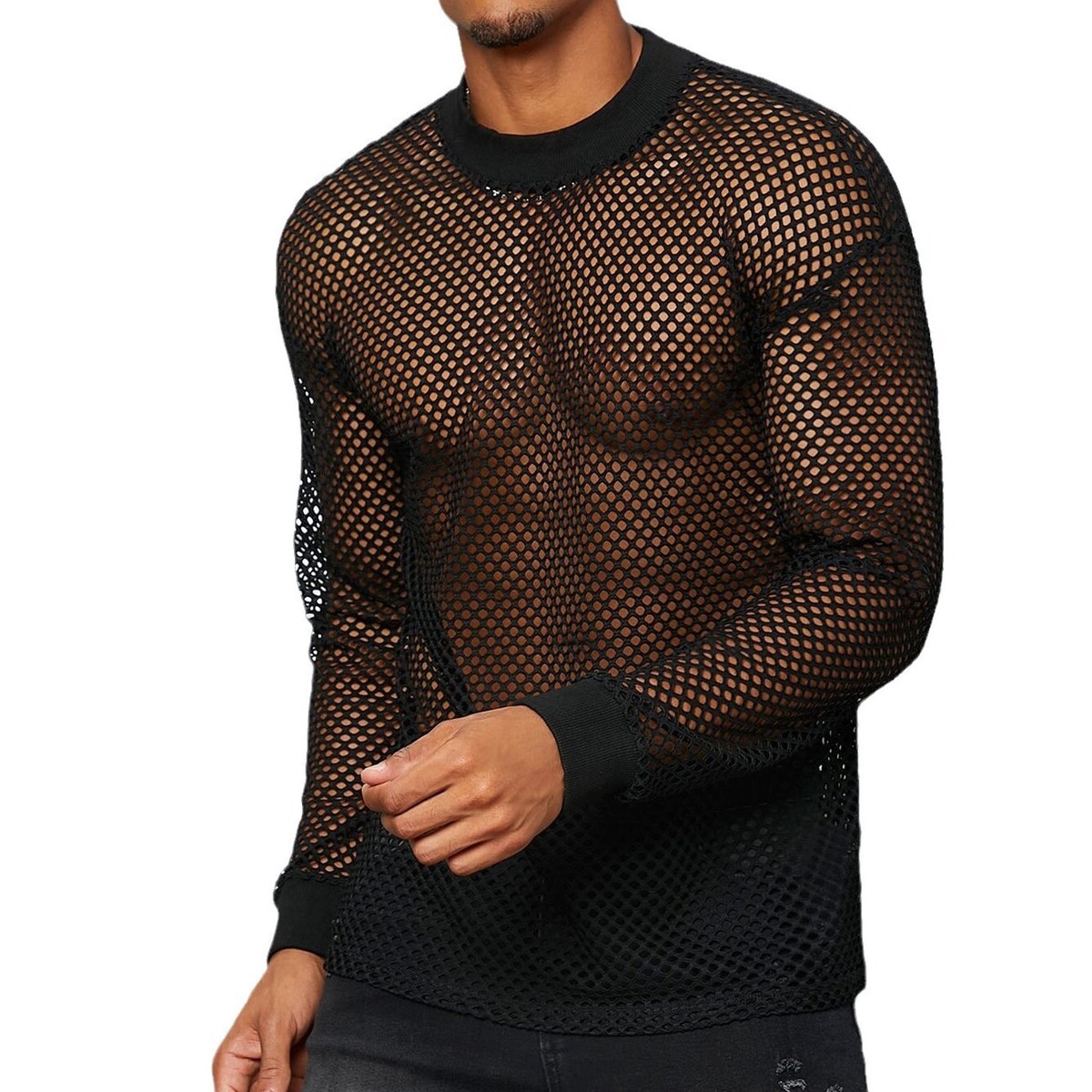 Mens Gothic Rocker Long Sleeve Fishnet Mesh T-shirt Punk