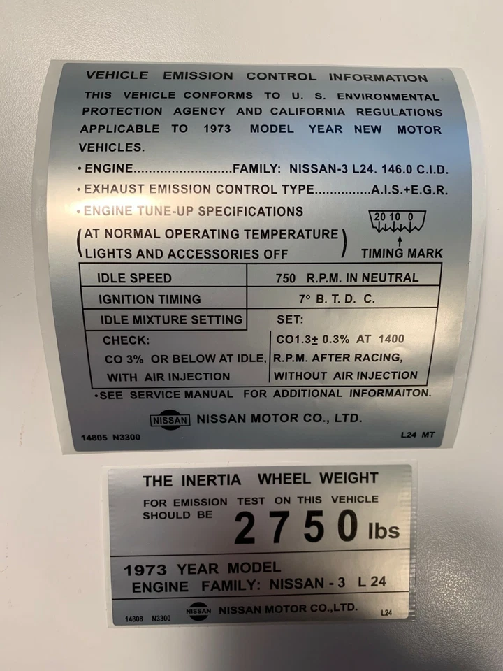 Calcomanía adhesiva Datsun 240Z 1973 solo emisiones y peso Foto 2 de 2