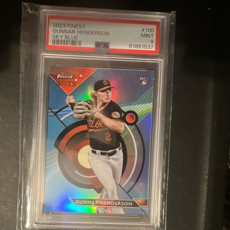 2023 Topps Finest Gunnar Henderson #100 Sky Blue Refractor /300 (RC) PSA 9