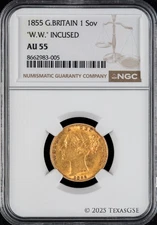 1855 Great Britain Gold Sovereign Victoria Shield NGC AU 55 "W.W." Incused