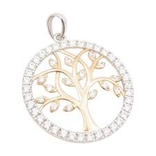925 Sterling Silver Vintage Pendant CZ Two Tone Tree Of Life Medallion  PT25537