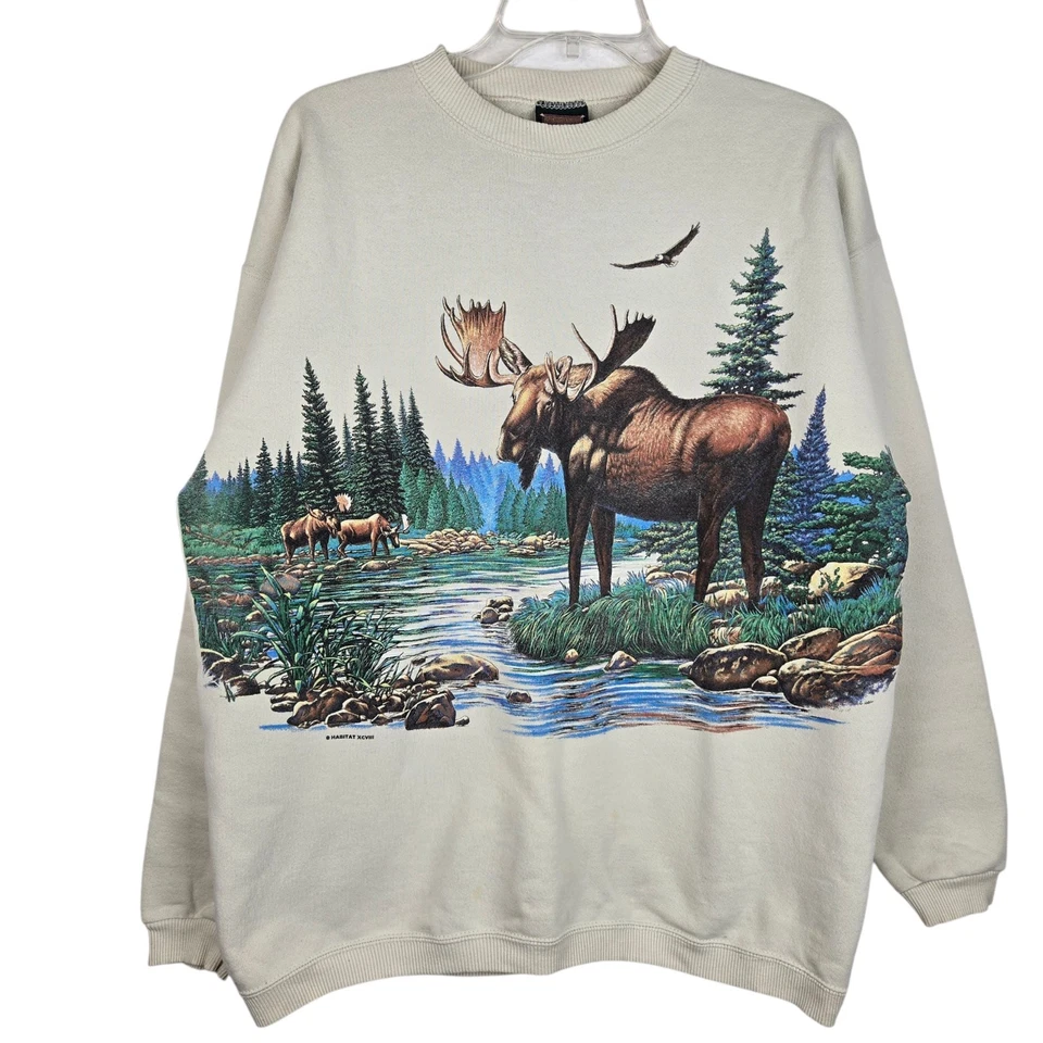 Moletom Habitat Moose Vintage 1998 L Unissex Bege 2 Lados Fabricado nos EUA Cabincore - Imagem 2 de 4
