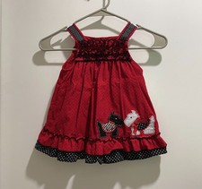 Girls Vintage Rare Too Red Corduroy polka Dot Scottie Cotton Jumper Dress 18m