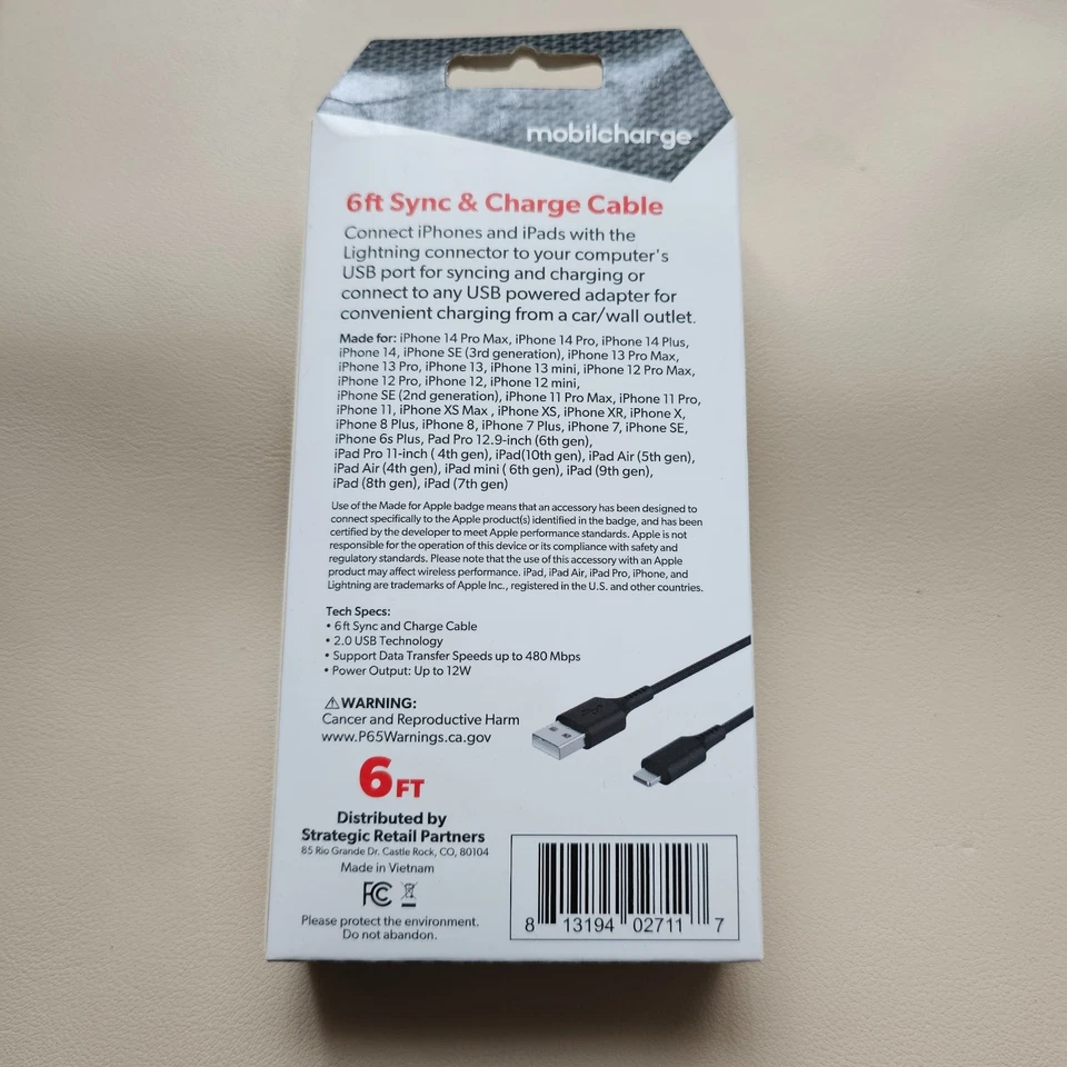 NIB Mobilcharge Lightening To USB Sync & Charge 6 Ft Cable BLACK - Image 4 of 4