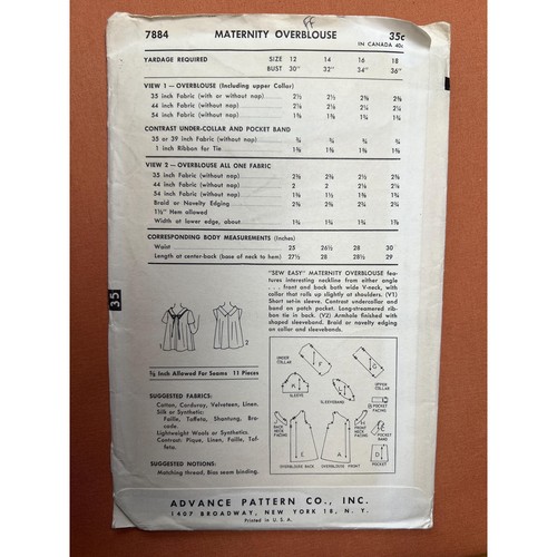Advance Sewing Pattern 7884 Maternity Overblouse Size 18 Bust 36 FF UNCUT - Picture 2 of 4