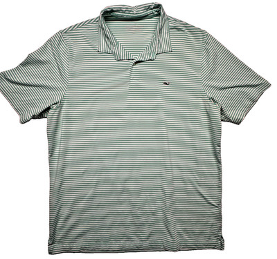 Vineyard Vines Performance Men's Polo Shirt Green-White Striped XL Short Sleeve