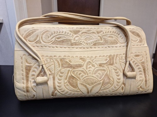 Vintage Piel Genuina Flores’ Bag Hand-Tooled Leather Large Handbag Purse - Cream